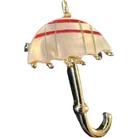 Vintage Umbrella Brooch Pin Mother of Pearl Red Stripe Gold Tone 1960s Parasol - Picture 4 of 15